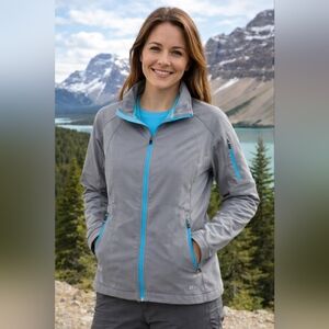 REI Lightweight Soft Shell Jacket Medium Gray Blue Full Zip Zipped Pockets